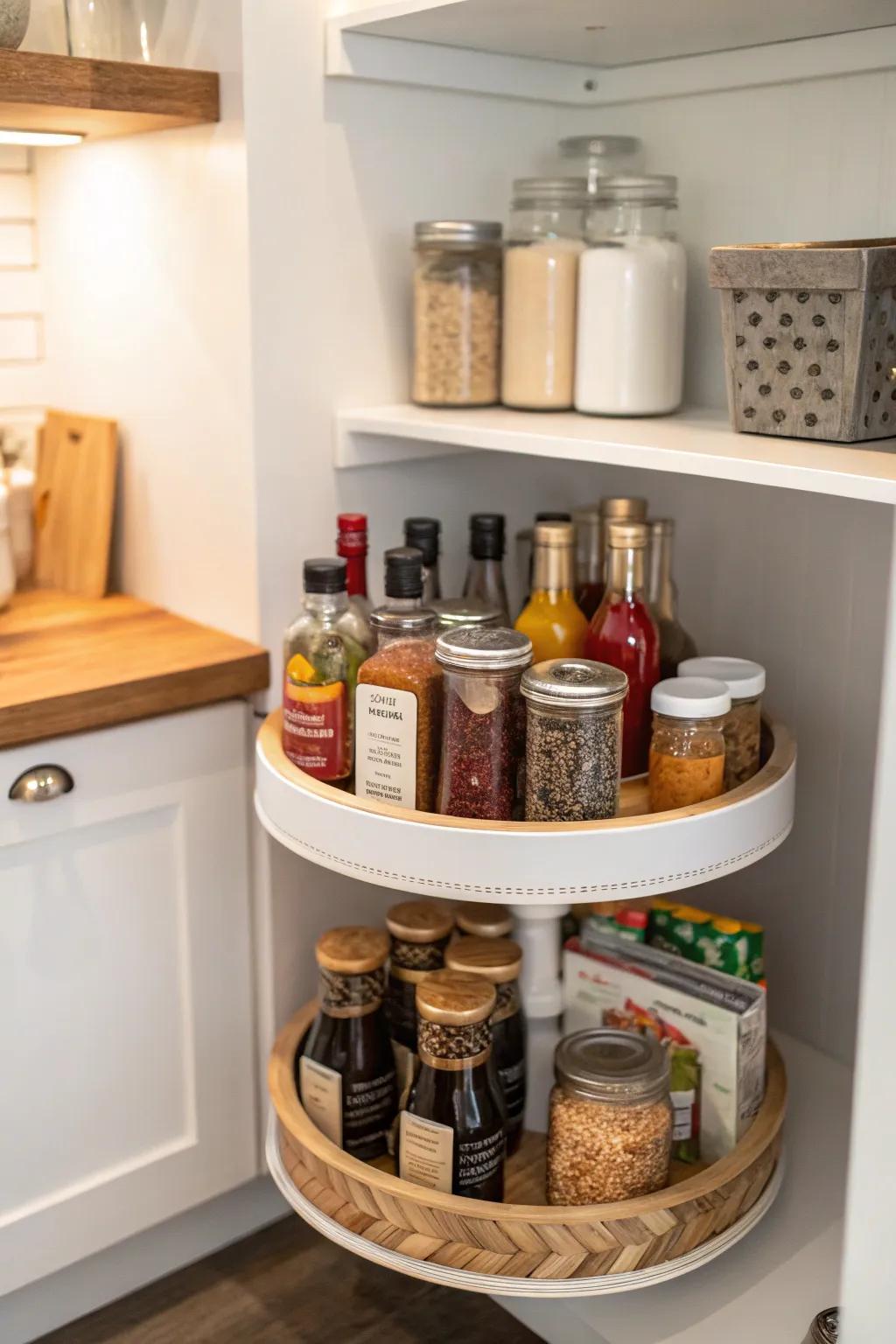 Lazy Susan optimizes corner storage in the pantry.