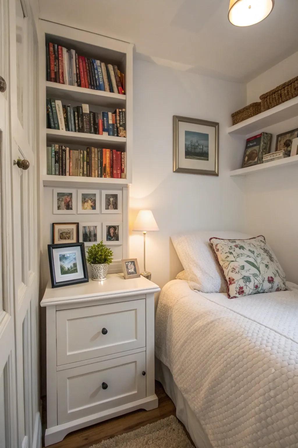 Personal touches make a small white bedroom feel like home.