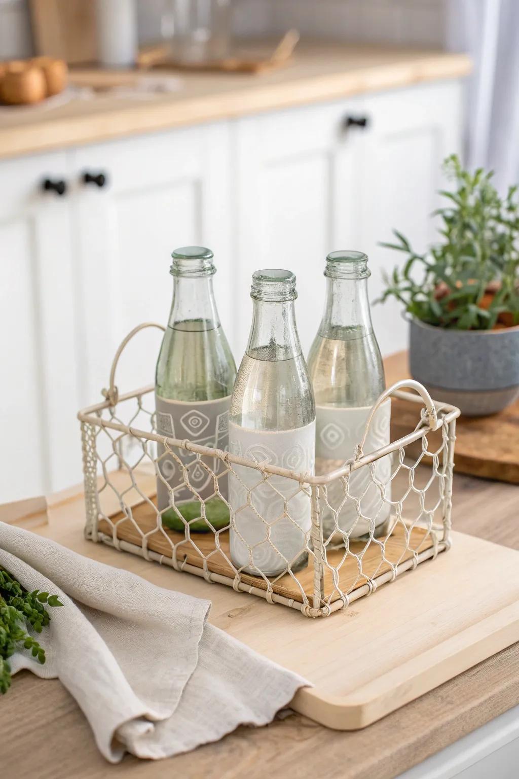 Elevate your kitchen decor with a touch of industrial charm using chic wire basket soda holders.