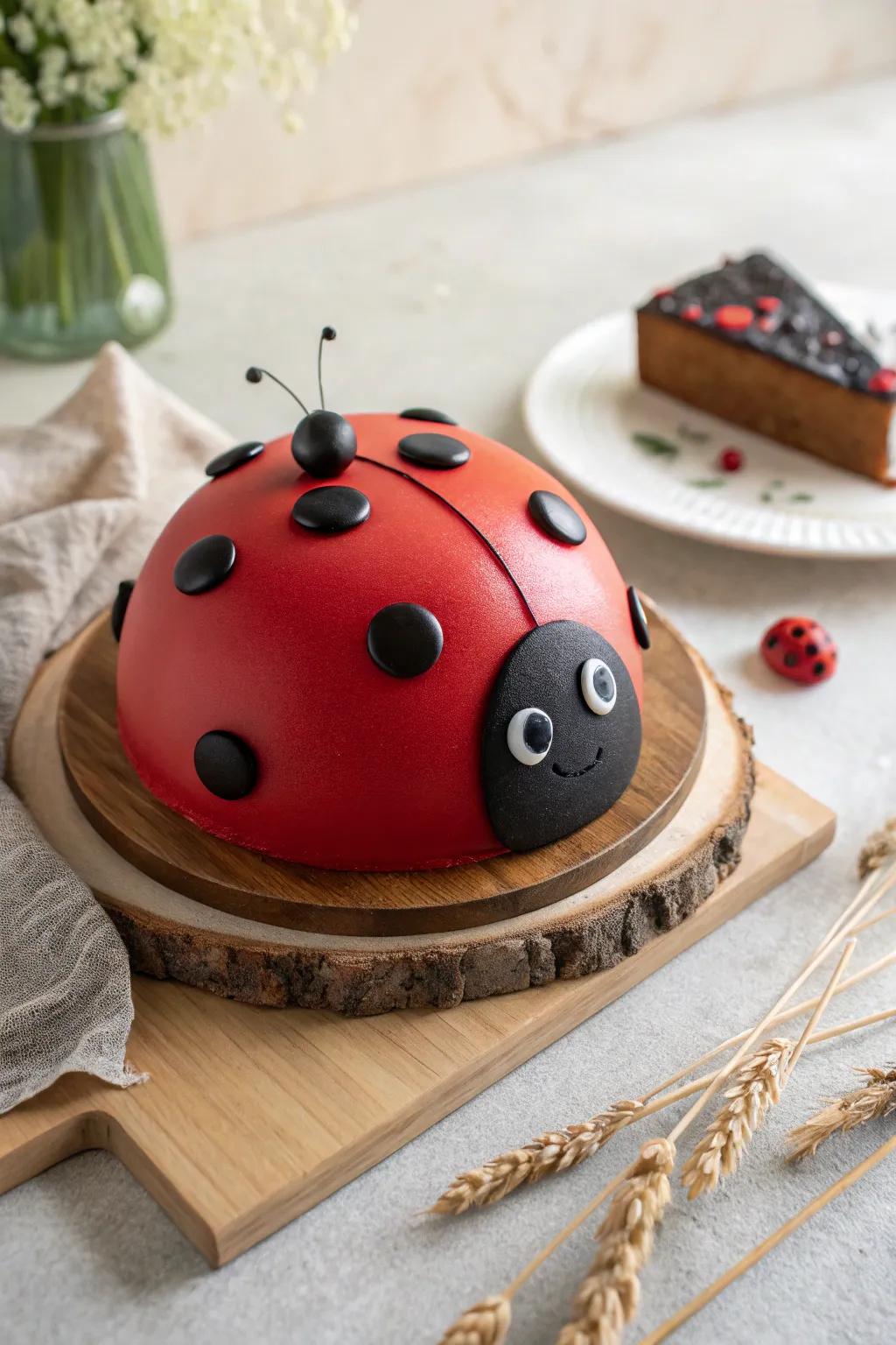 Embrace the charm of nature with this minimalist ladybug sphere cake, perfect for a delightful spring brunch.