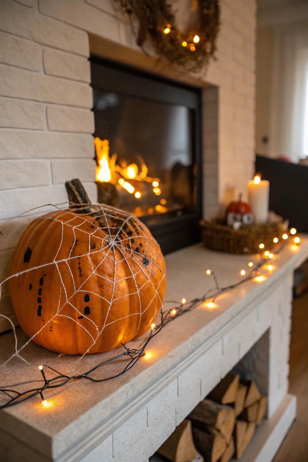 A pumpkin illuminated with fairy lights.