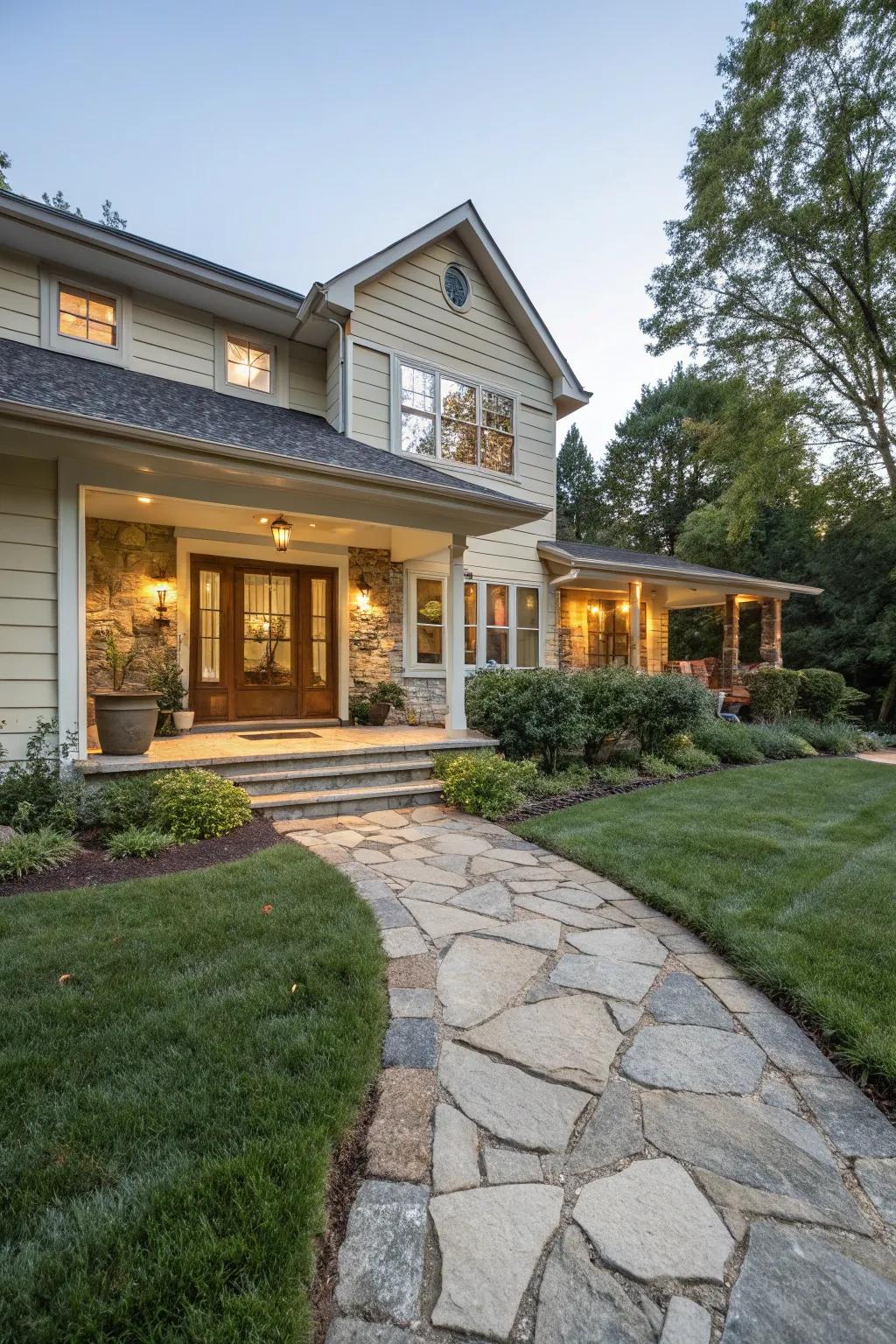 A defined stone pathway enhances the approach to this split foyer entrance.