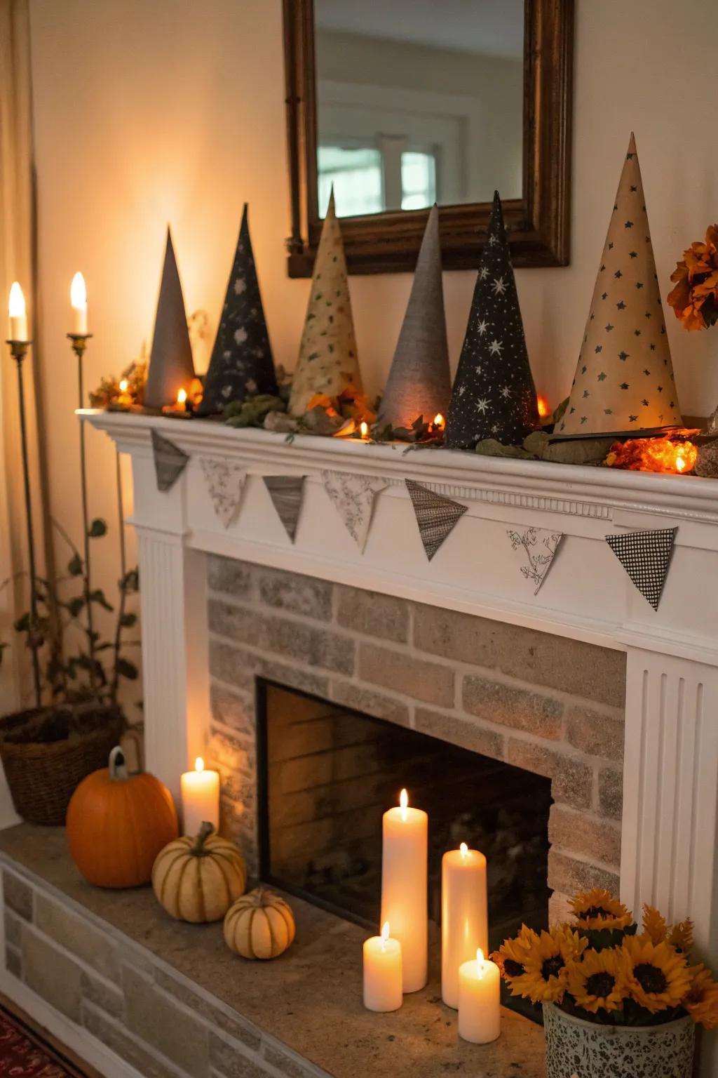 Paper witch hats are a charming addition to Halloween decor.