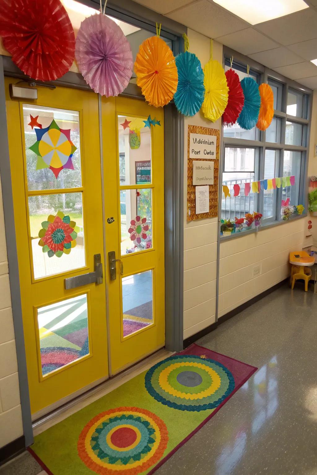 Colorful suncatchers brighten up a preschool door.