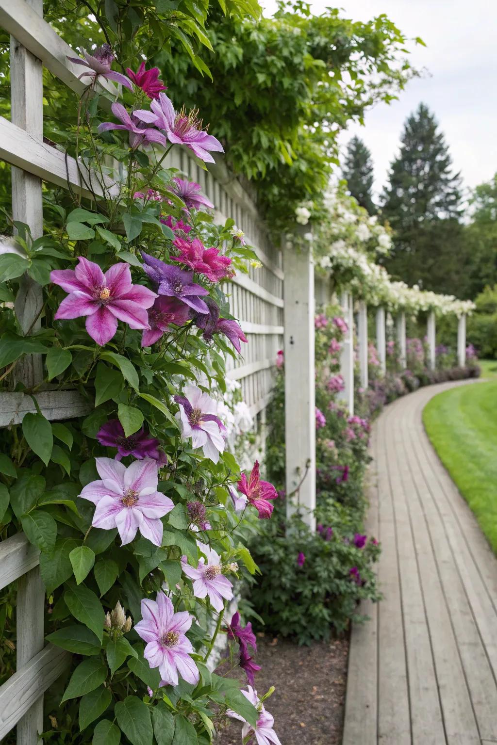 Vertical growth adds an elegant dimension with blooming clematis.