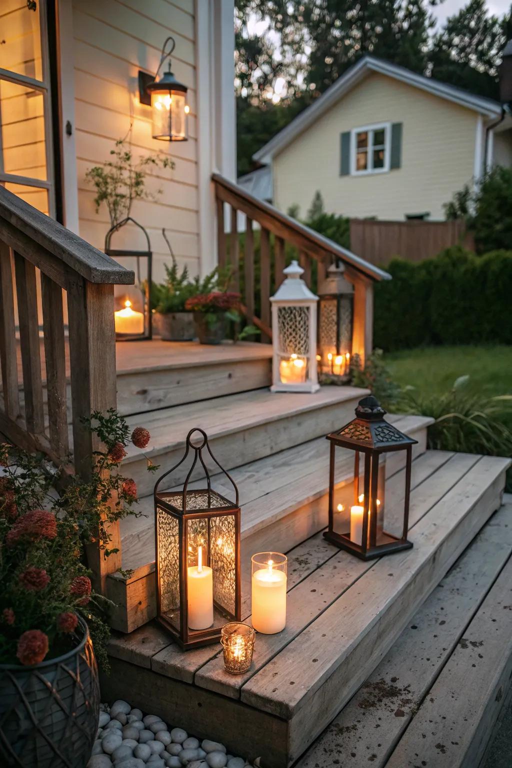 Lanterns casting a warm glow on the porch steps.