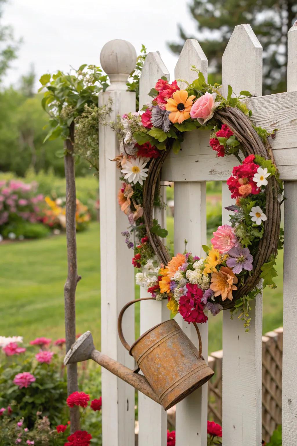 A vibrant garden wreath that captures the joy of springtime gardening.