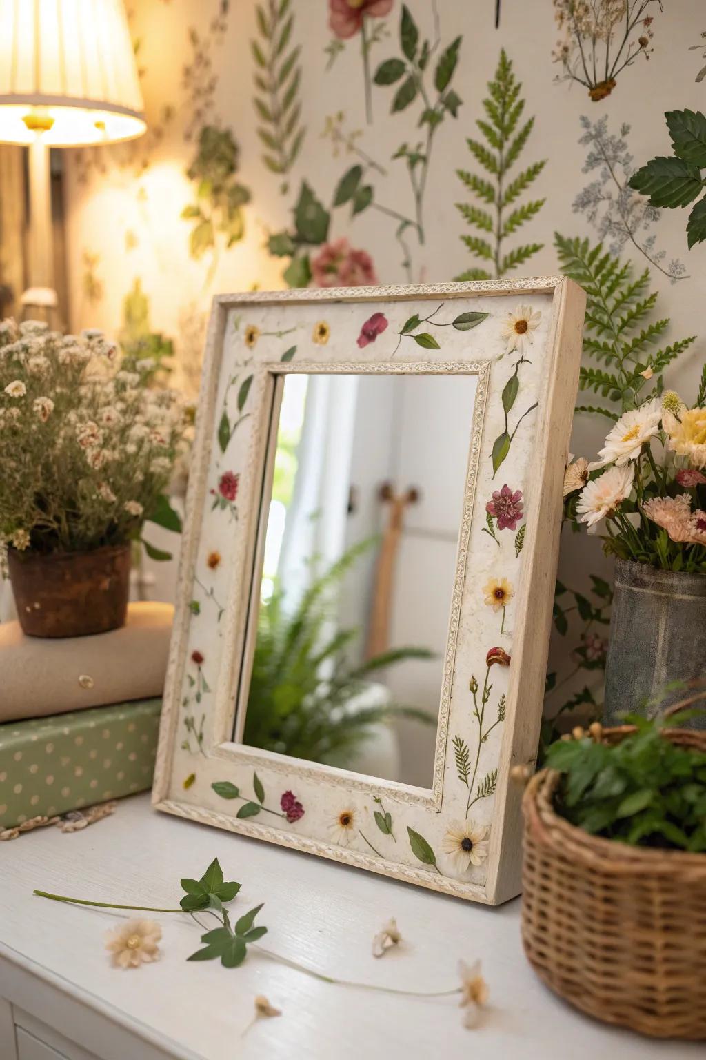 Bring nature inside with a pressed flower mirror.