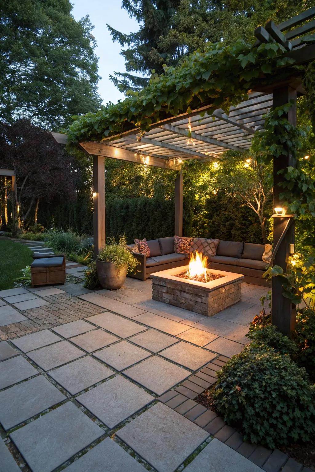 A pergola adds architectural elegance to this fire pit area.