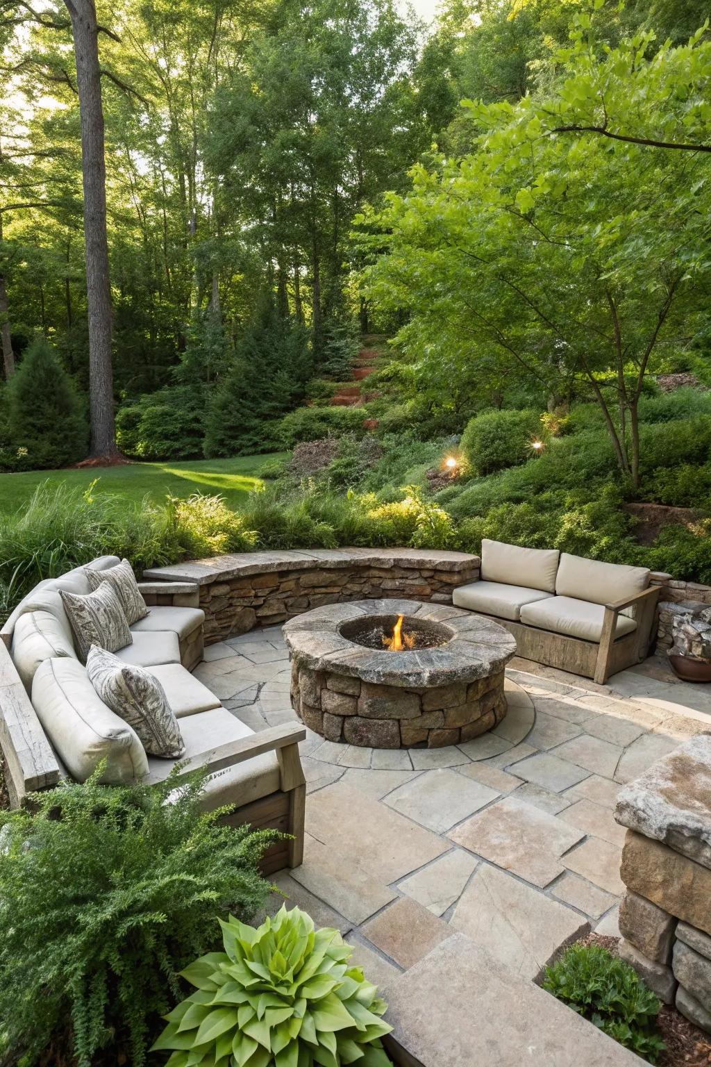 Sunken stone fire pit offers a dramatic and intimate setting.