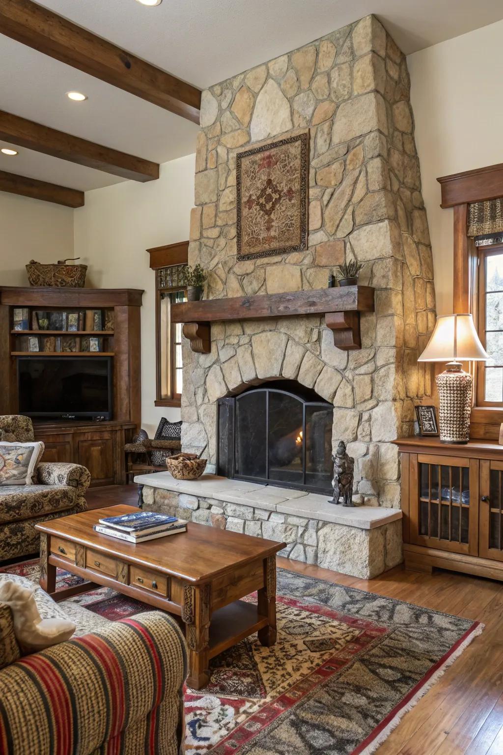 Intricate stonework makes this fireplace a captivating focal point.