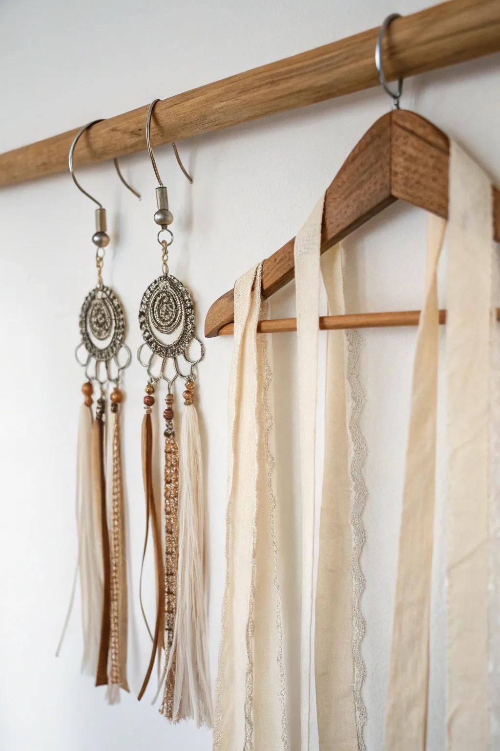 Effortless Elegance: Discover a simple yet stunning way to organize your earrings with this minimalist ribbon hanger.