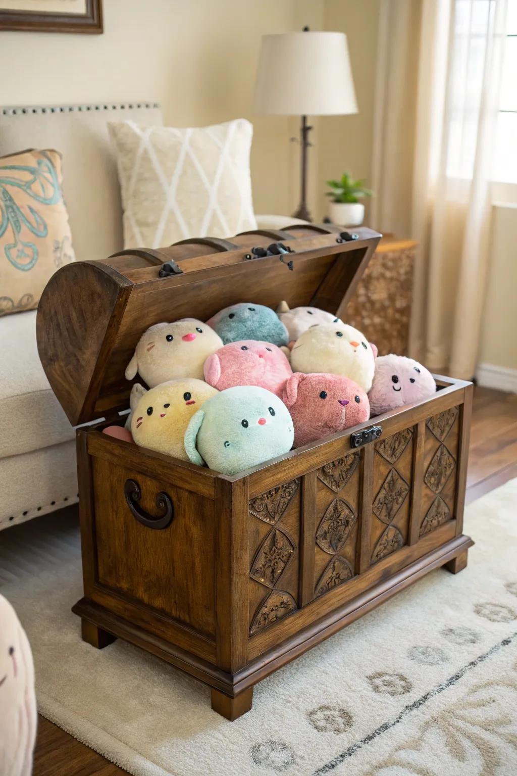 A wooden chest adds rustic charm while storing Squishmallows.