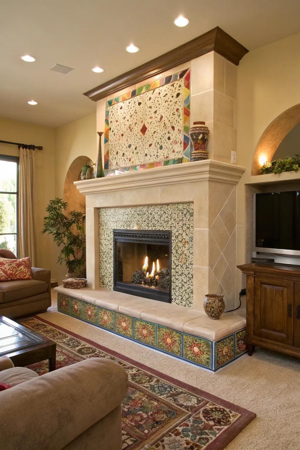 Mosaic tile enhancements add artistic flair to this stucco fireplace.