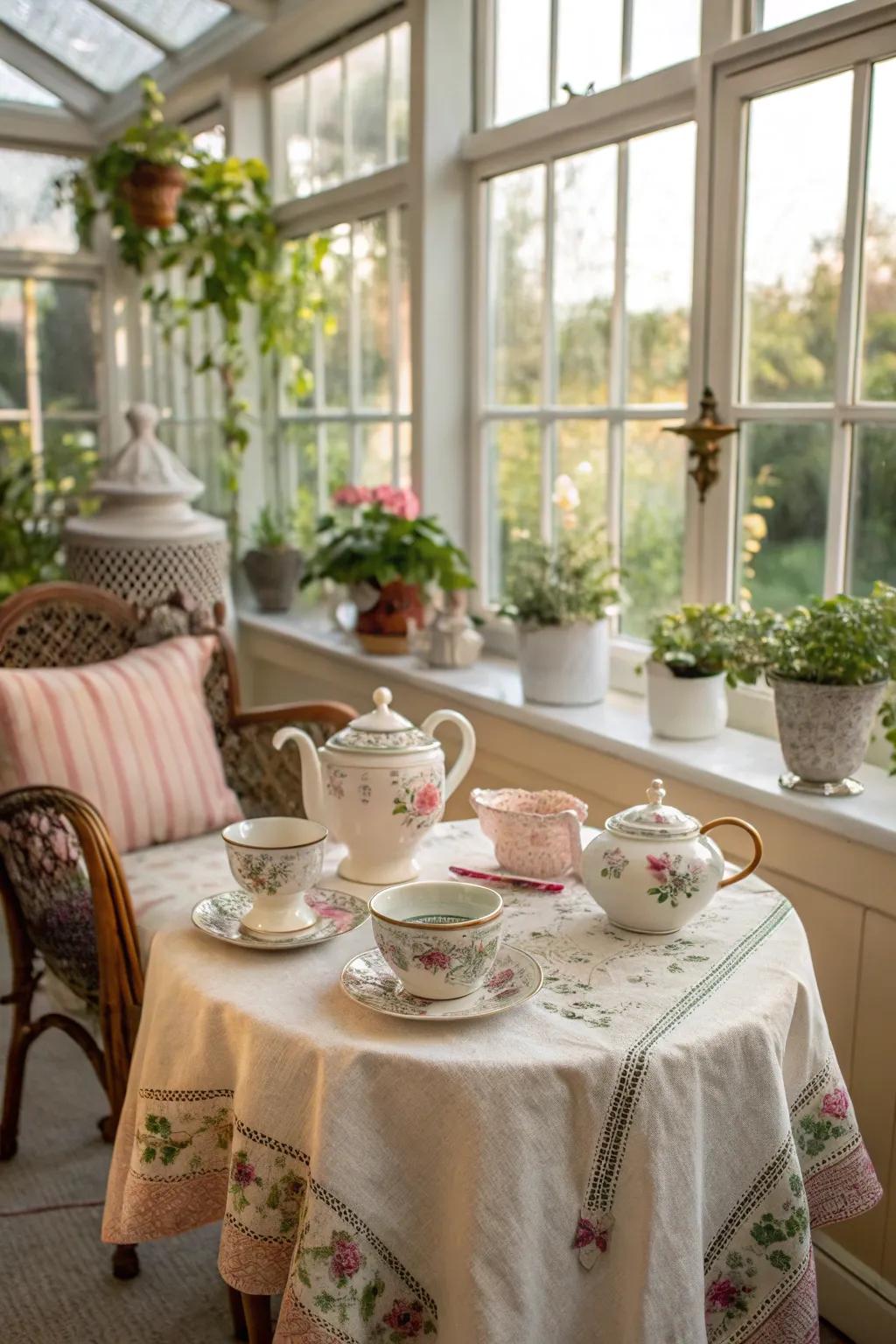 An elegant tea room in a sunroom, perfect for charming gatherings.