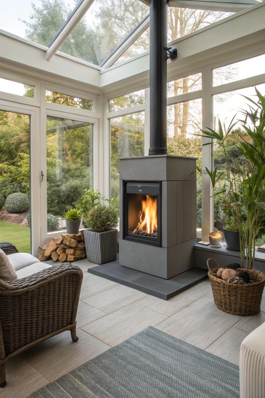 An eco-friendly bio-ethanol fireplace offering a modern, sustainable solution for a sunroom.