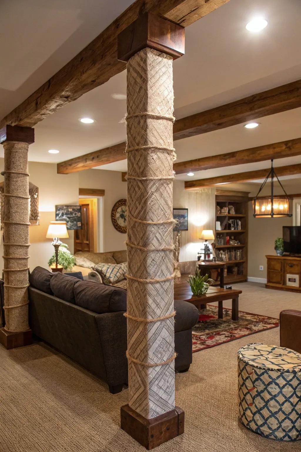 Living room with creatively wrapped beams for added texture.