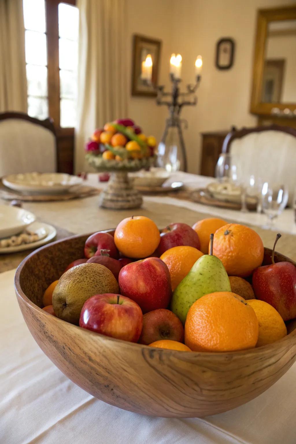 Fresh fruit in a decorative bowl adds color and utility.