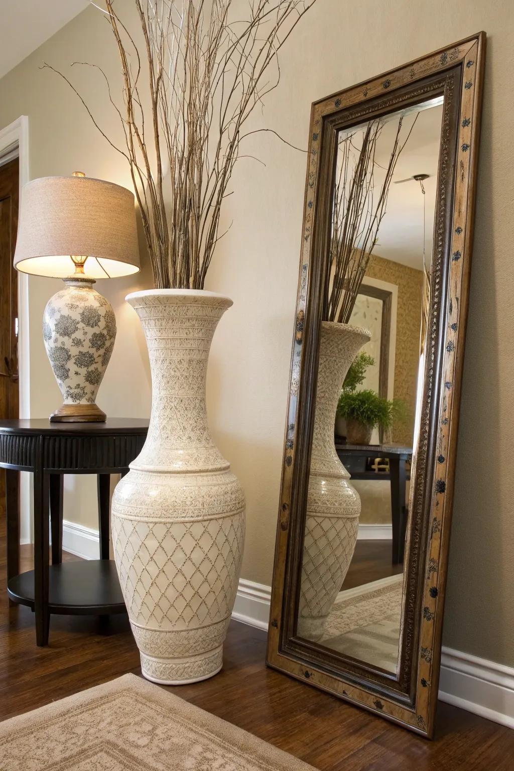 Vases and mirrors together create a stylish vignette.