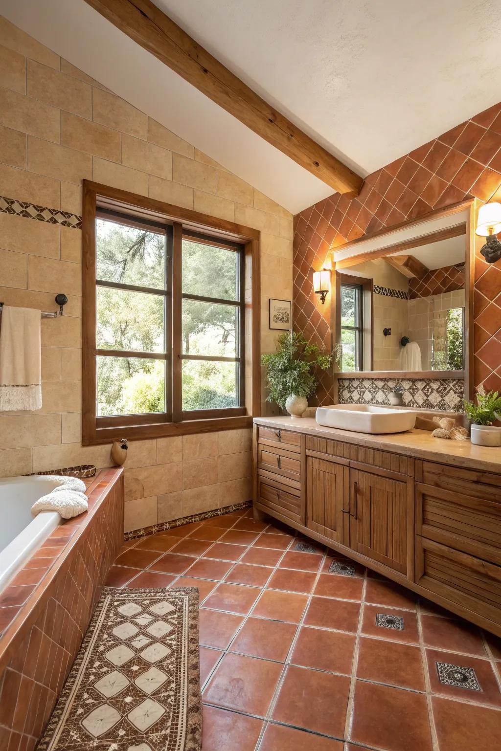 An organic bathroom featuring a harmonious blend of terra cotta and earthy tones.