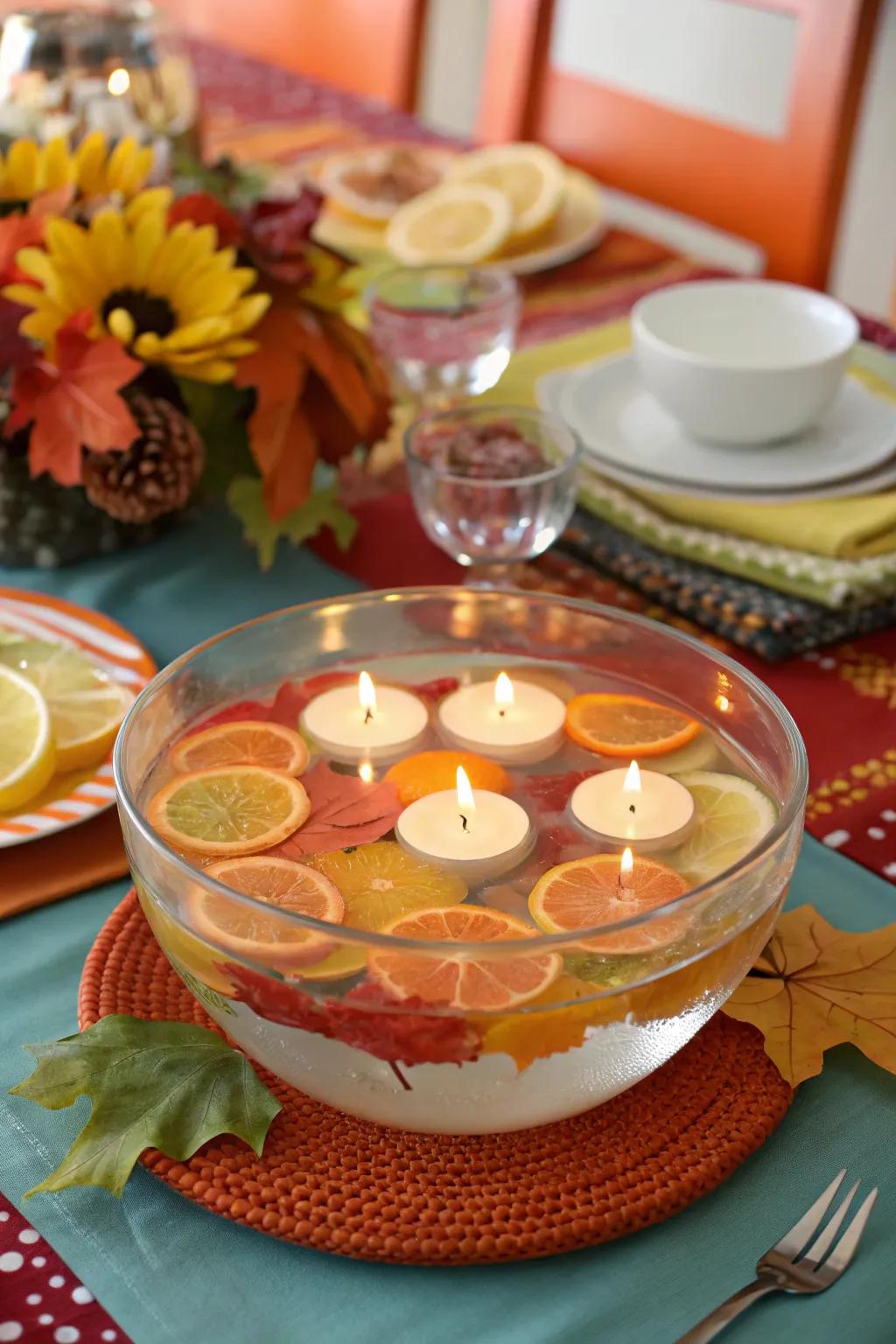 Citrus slices and floating candles for a fresh and fragrant Thanksgiving decor.