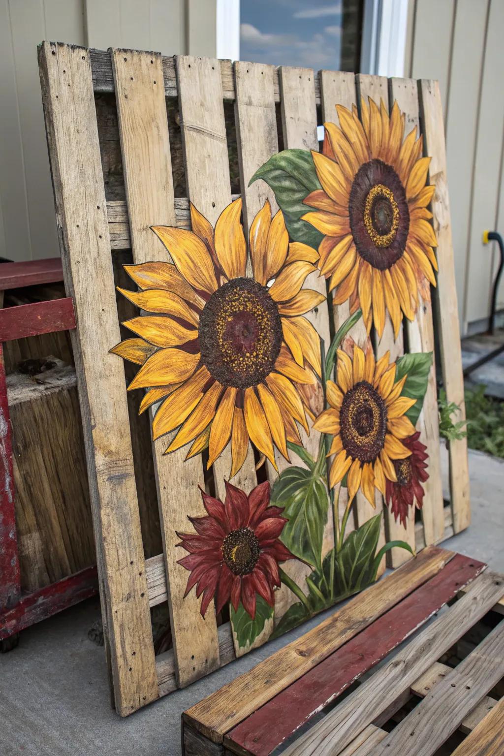 Capture the warmth of summer with handcrafted sunflower pallet art.