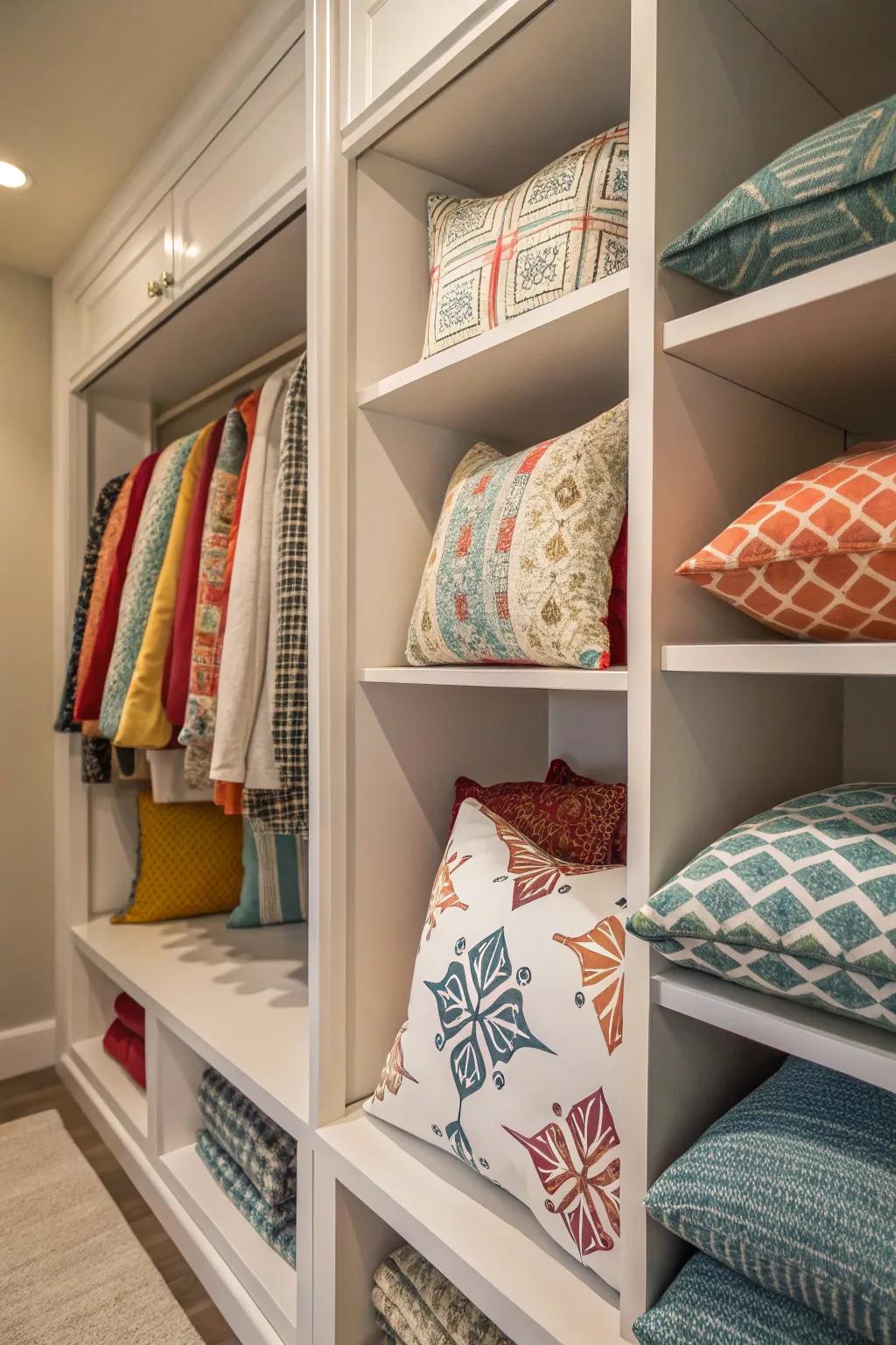 Closet cubbies providing organized storage for throw pillows.