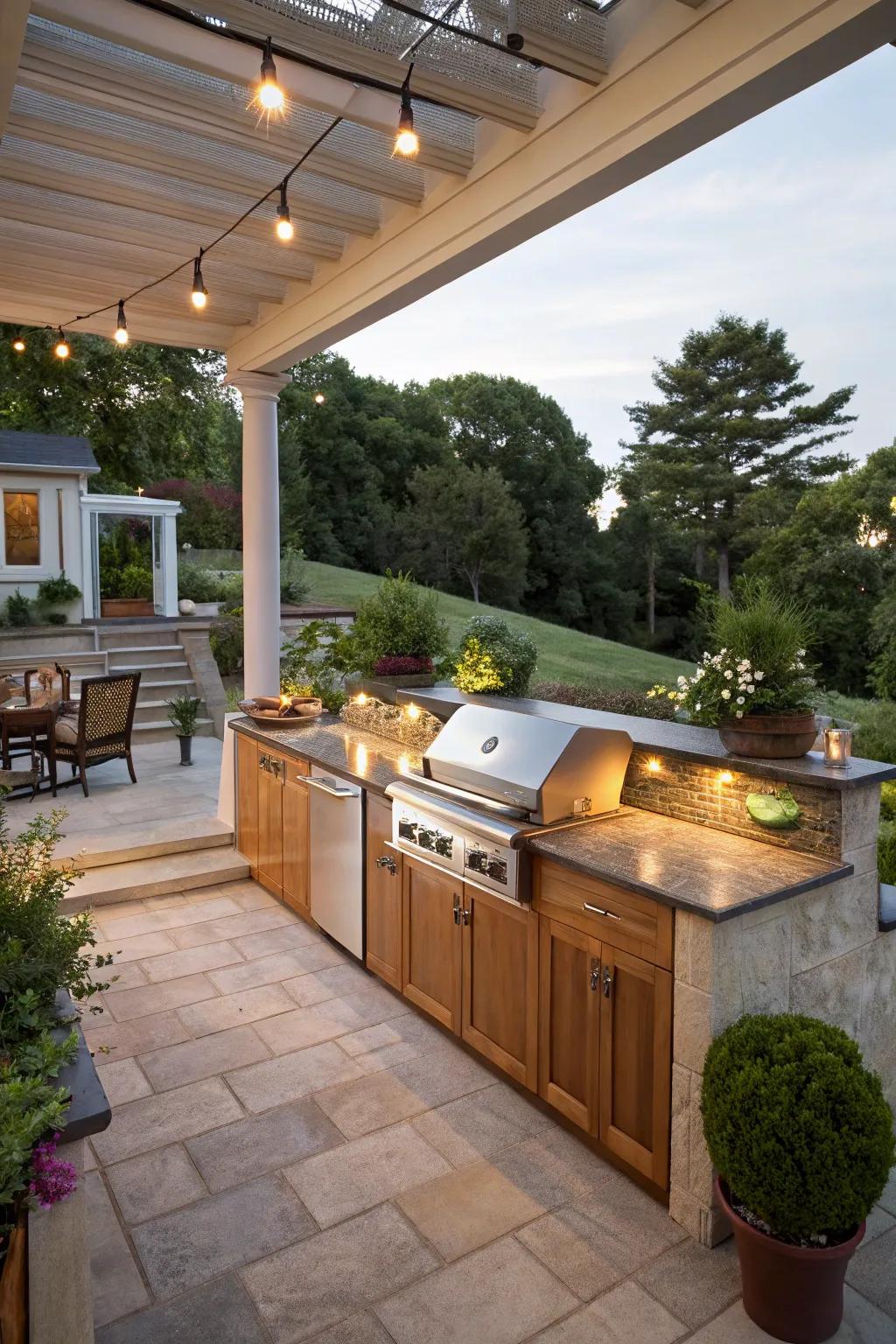 An outdoor kitchen on a tiered patio makes entertaining easy and enjoyable.