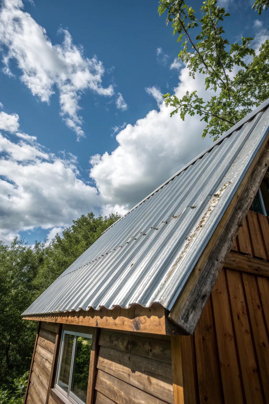 Industrial chic meets rustic durability in this striking corrugated metal roof, perfect for withstanding any storm in style.