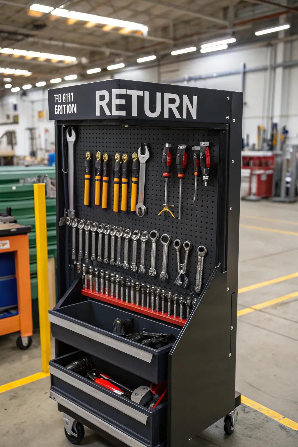 A designated tool return area in a tool crib.