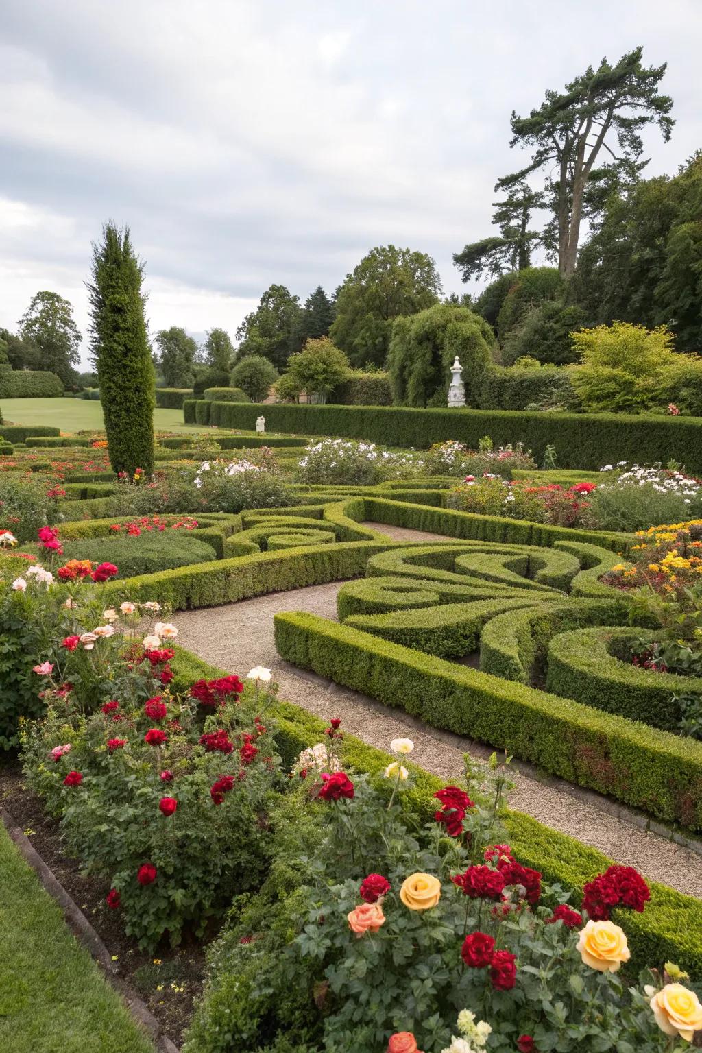 An intricate topiary knot garden as a work of art.