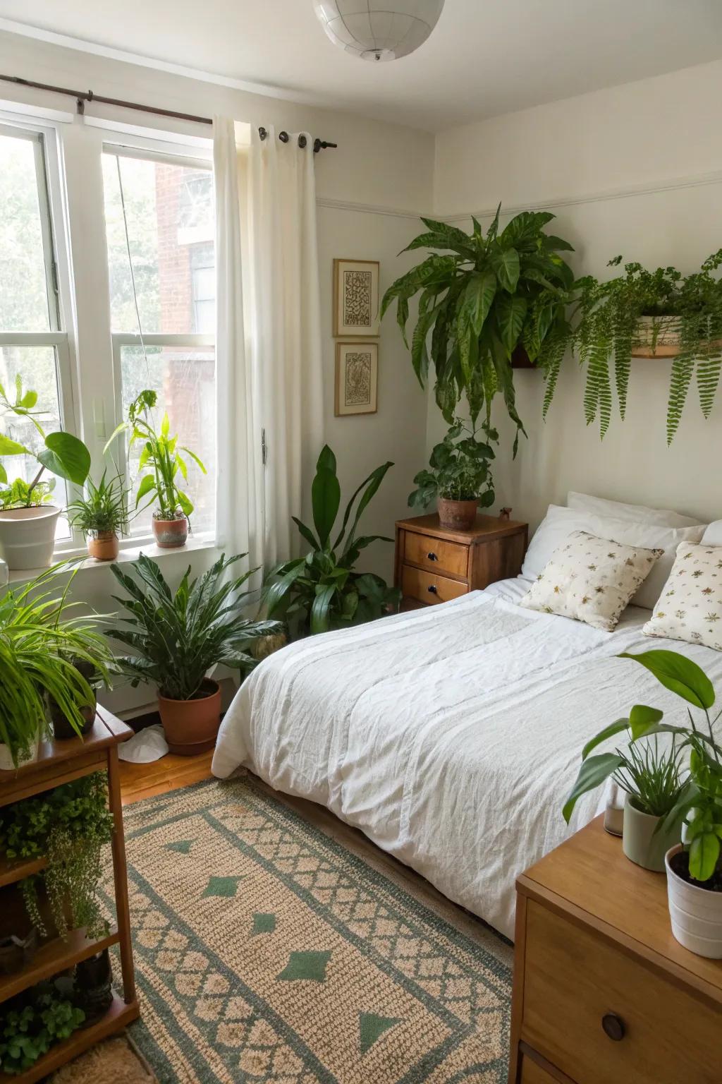 Houseplants breathe life into this stylish townhouse bedroom.