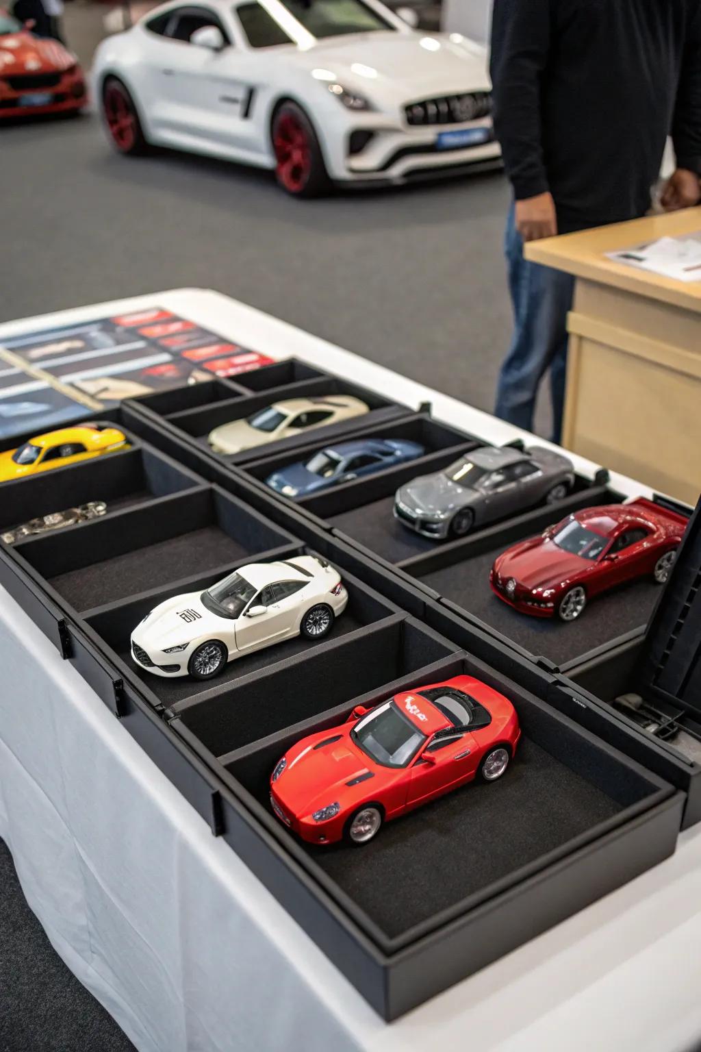 A multipurpose table for showcasing toy cars.