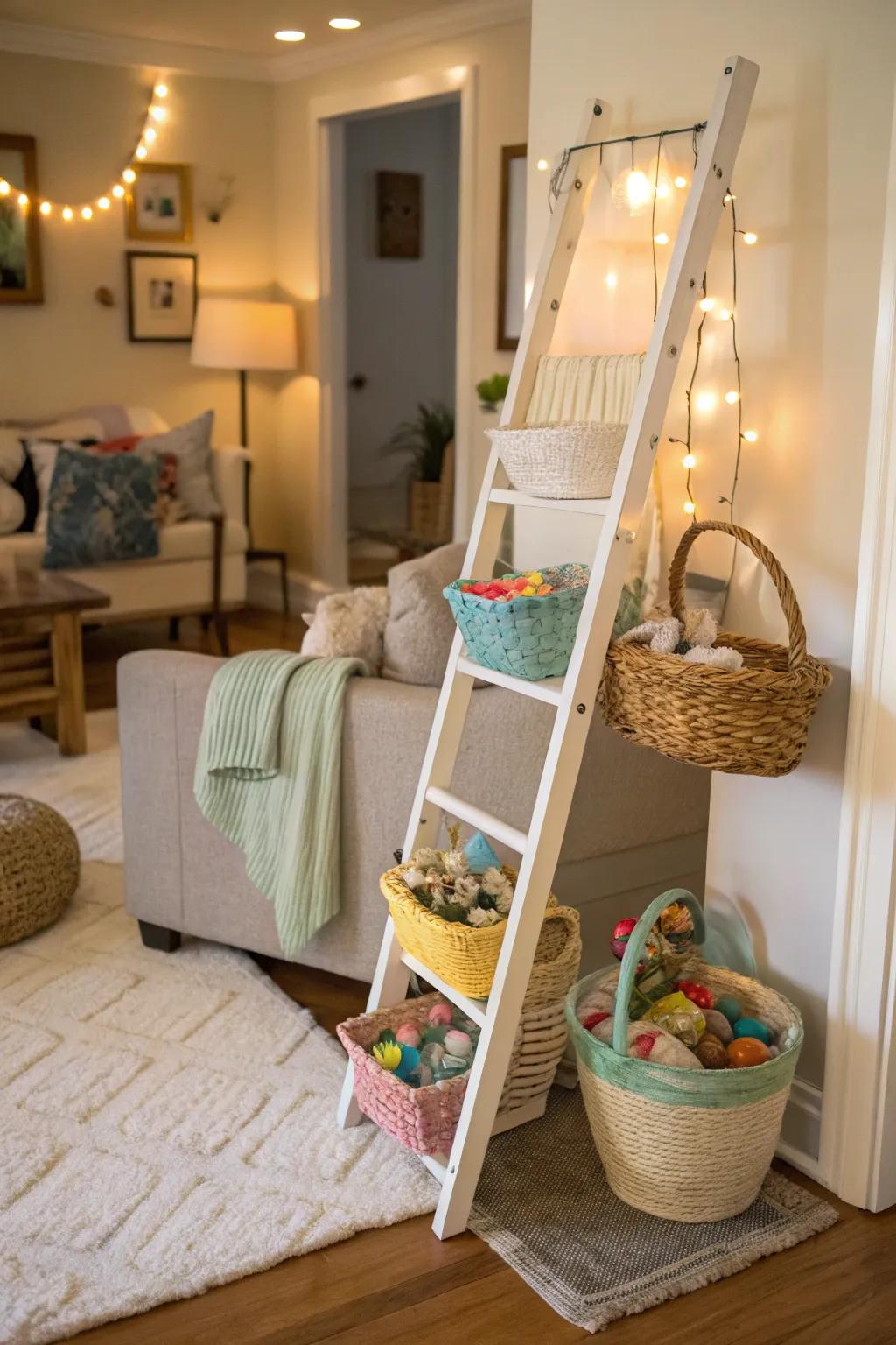 A decorative ladder with baskets adds charm and storage.