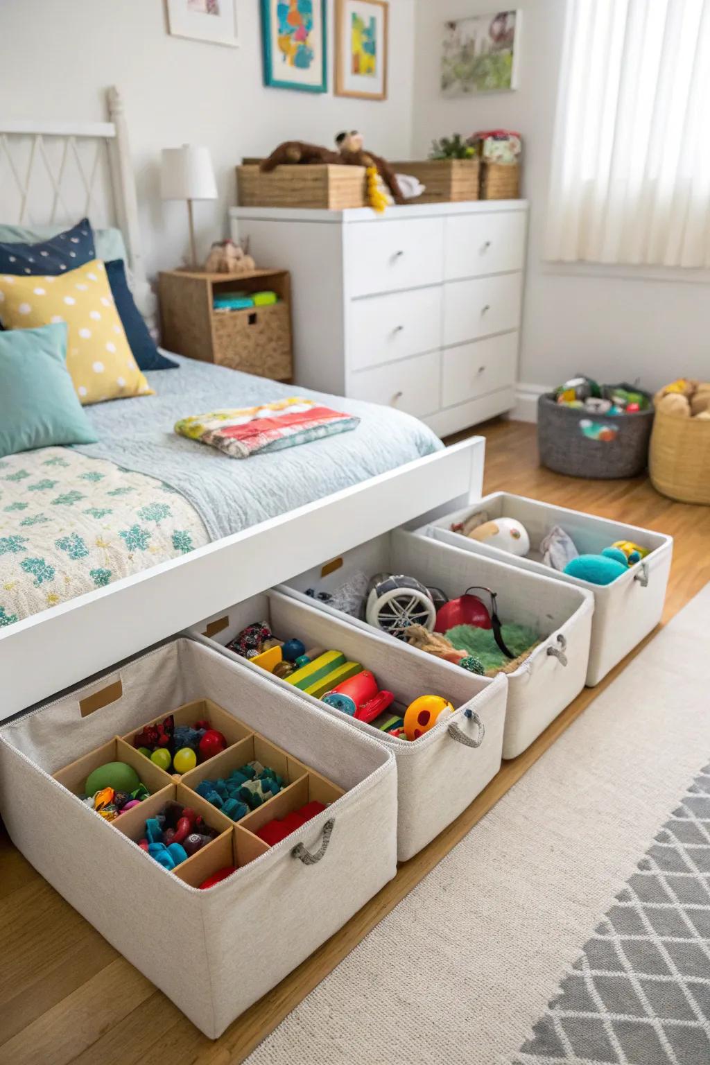 Under-bed storage bins for efficient toy organization.