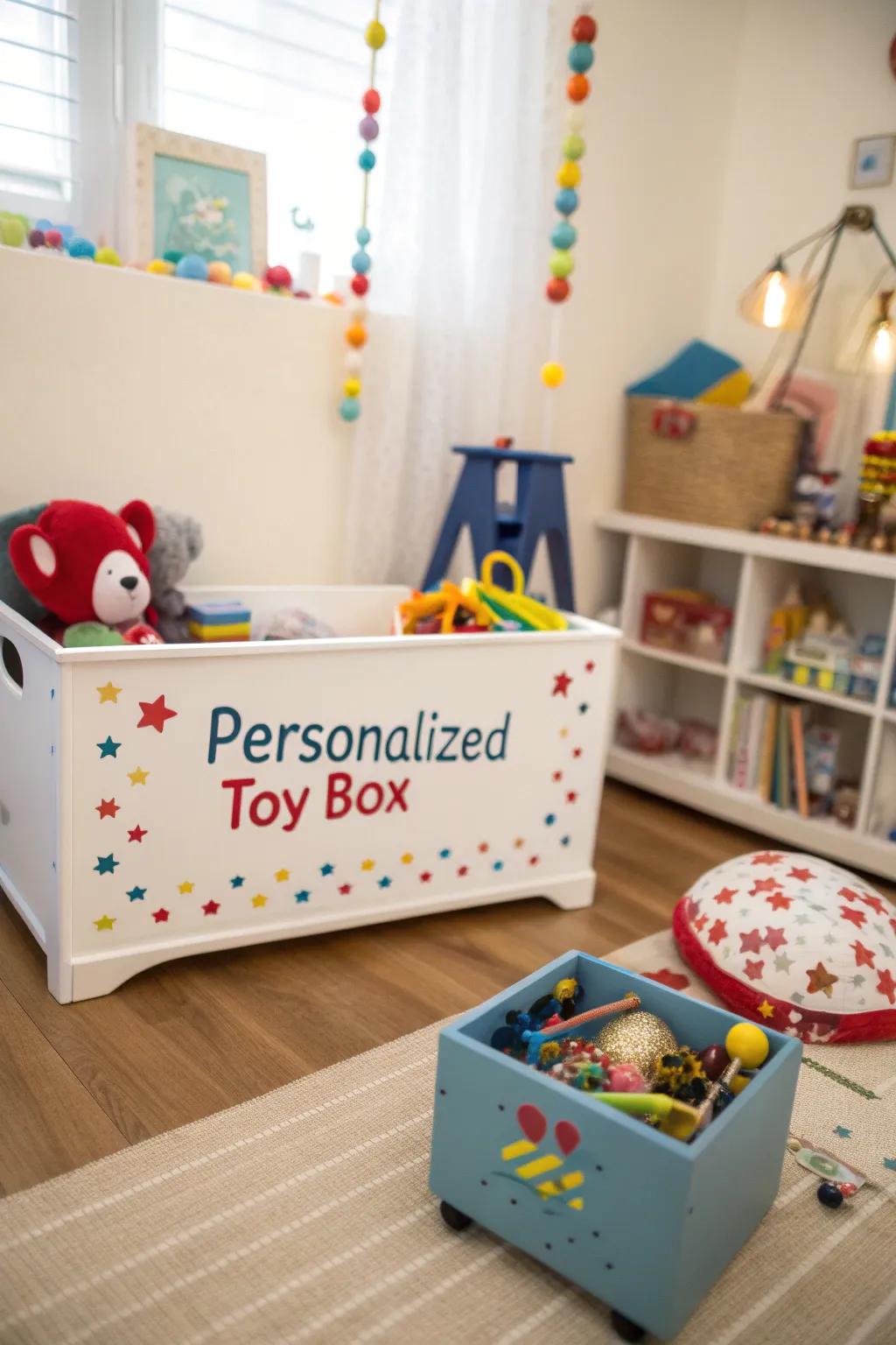 A personalized toy box adds a special touch to your child's play space.