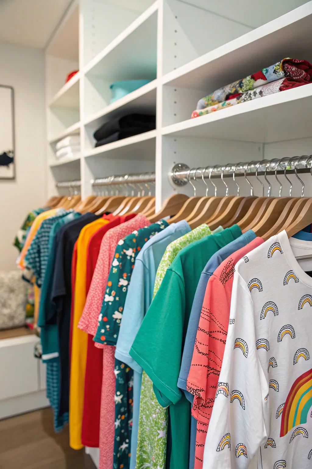 T-shirts hanging on hooks inside a closet.