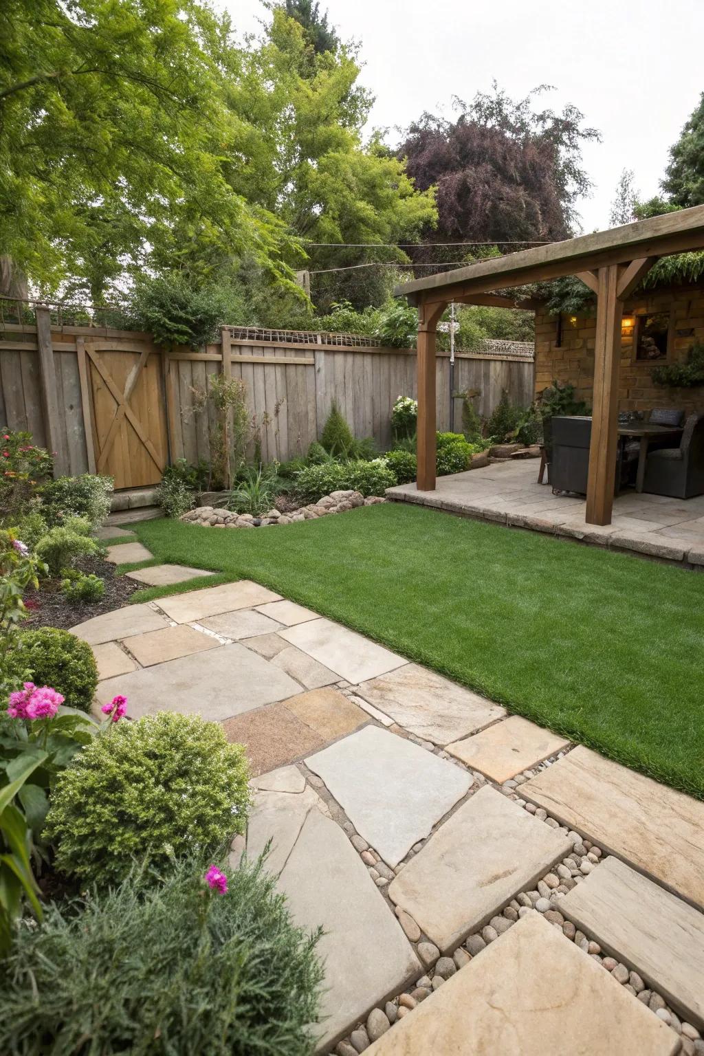 Achieve balance with turf and hardscape.