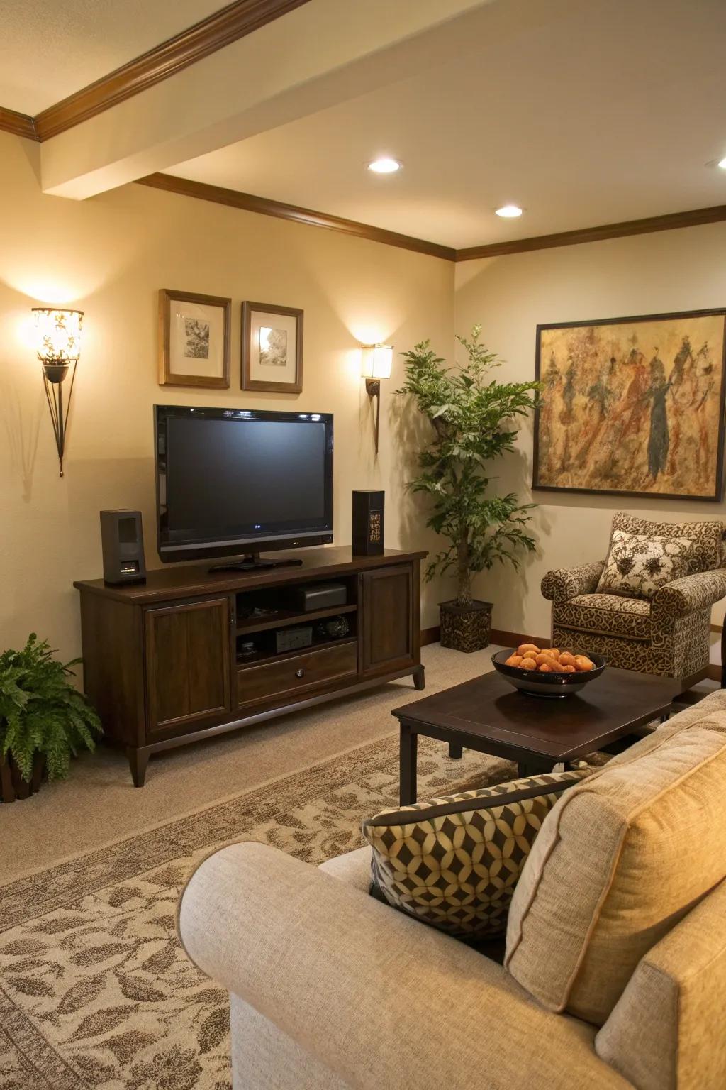 Floating your TV in a corner can save space and create a cozy atmosphere.