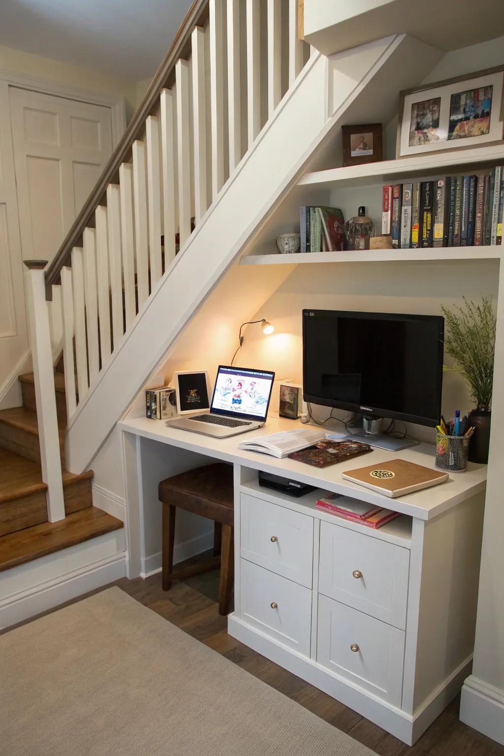 A compact workspace with a desk and TV unit under the stairs.