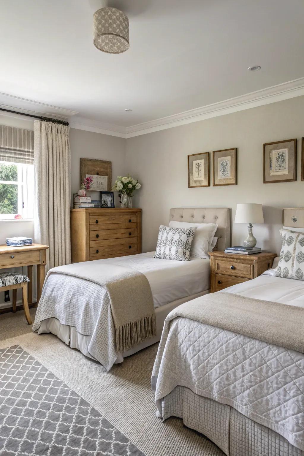 Neutral tones create a serene twin bedroom retreat.