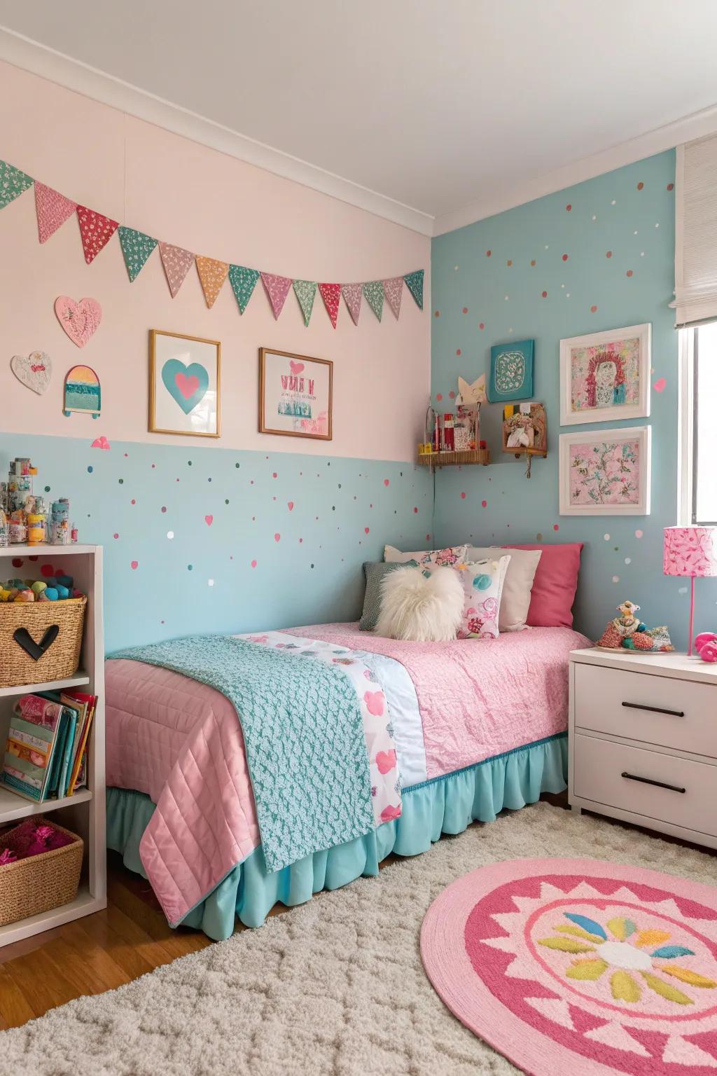 An energetic and playful two-tone bedroom in pink and blue.