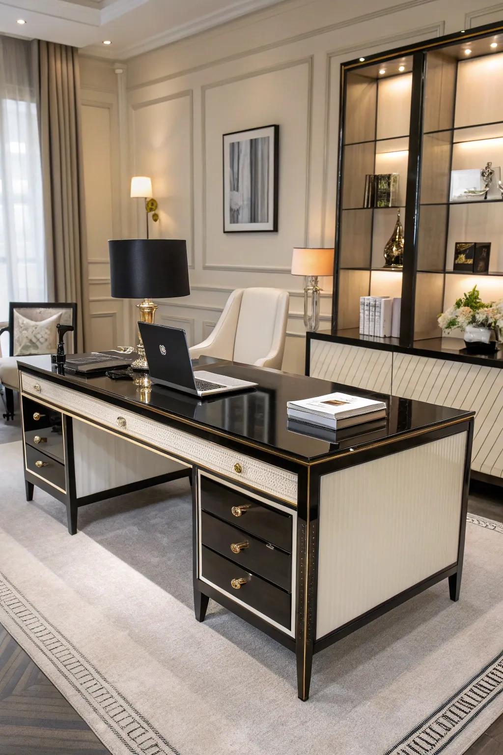 Sophisticated elegance with an ebony and ivory desk design.