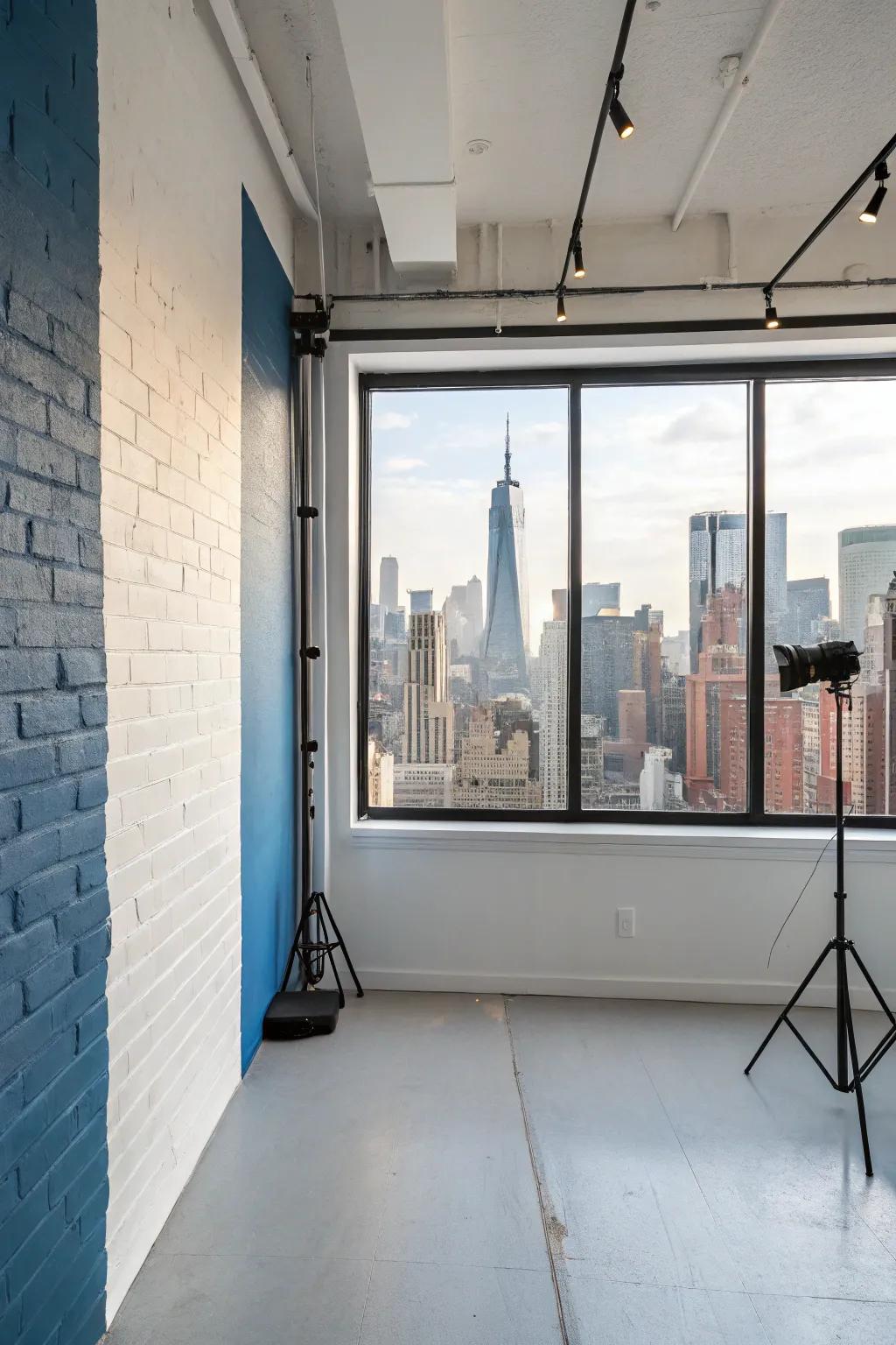 A studio with a two-tone wall framing a stunning city view.