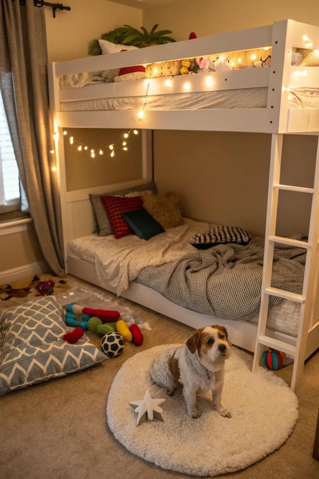 A cozy pet retreat beneath a loft bed.