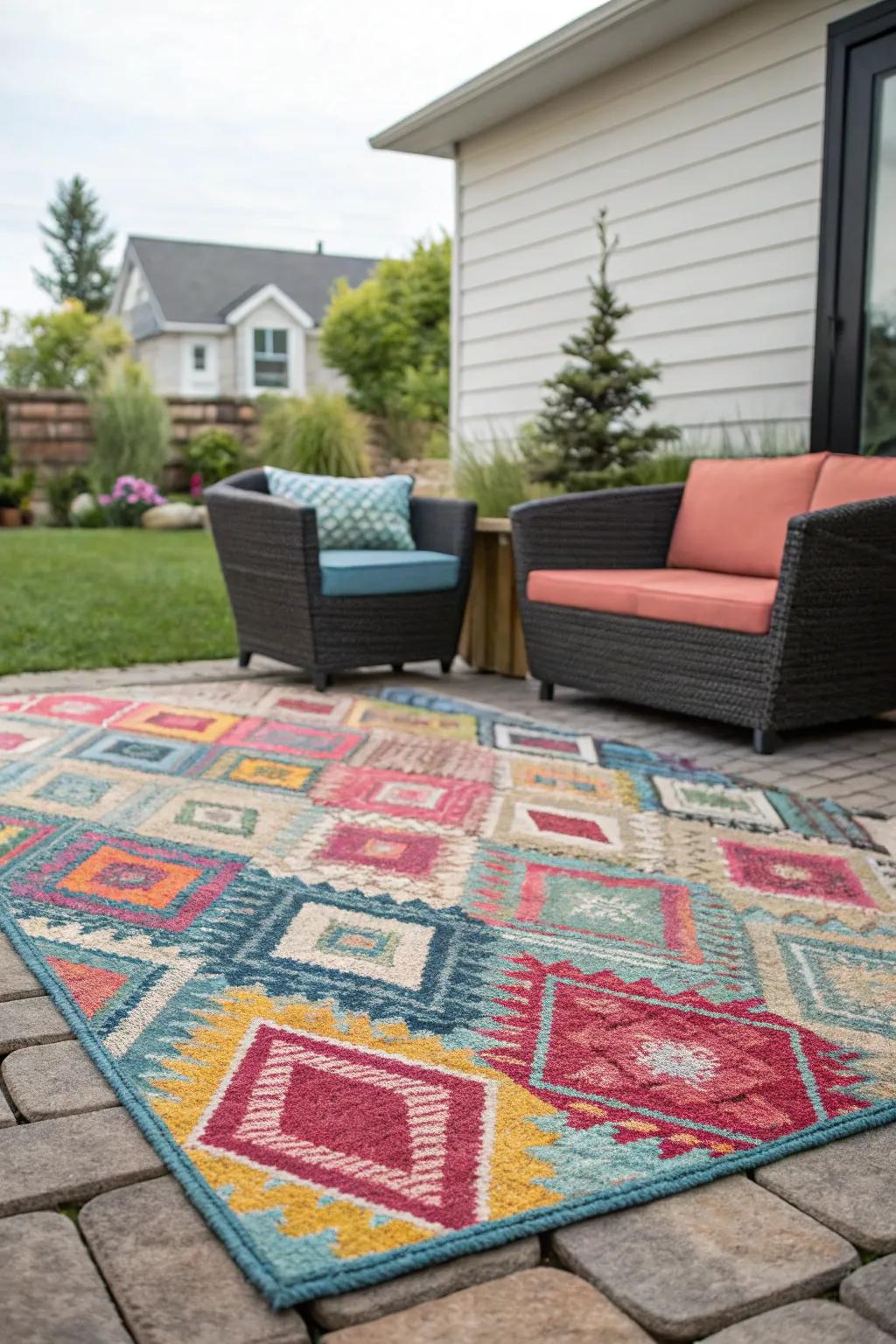 Outdoor rugs can disguise uneven surfaces and tie together different patio elements.