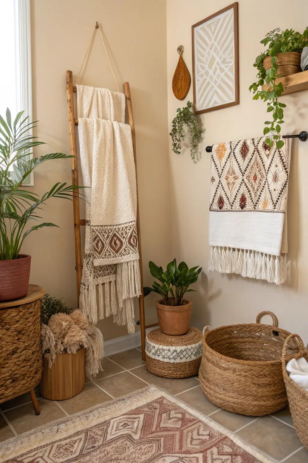 Introduce bohemian flair with a macrame towel hanger.