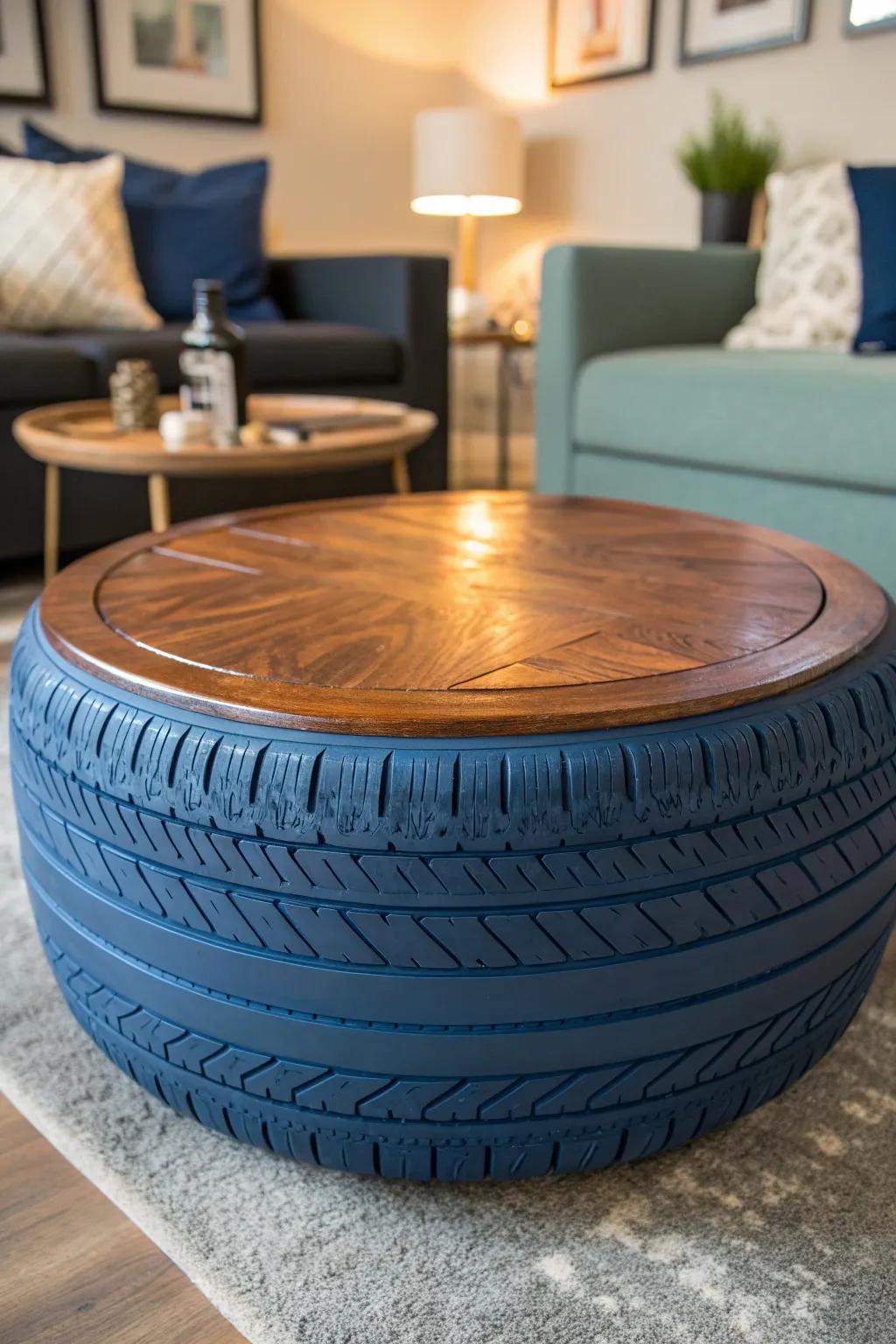 Transform your space with this bold and unique upcycled tire coffee table – a true conversation piece!