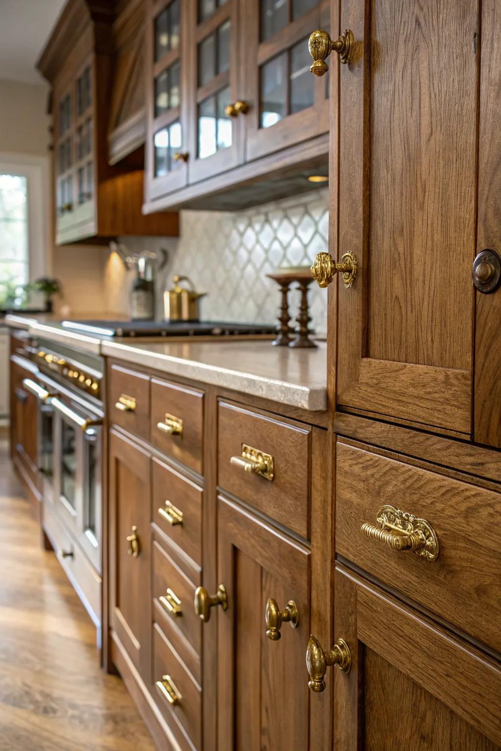 Vintage hardware adds elegance to kitchen cabinets.