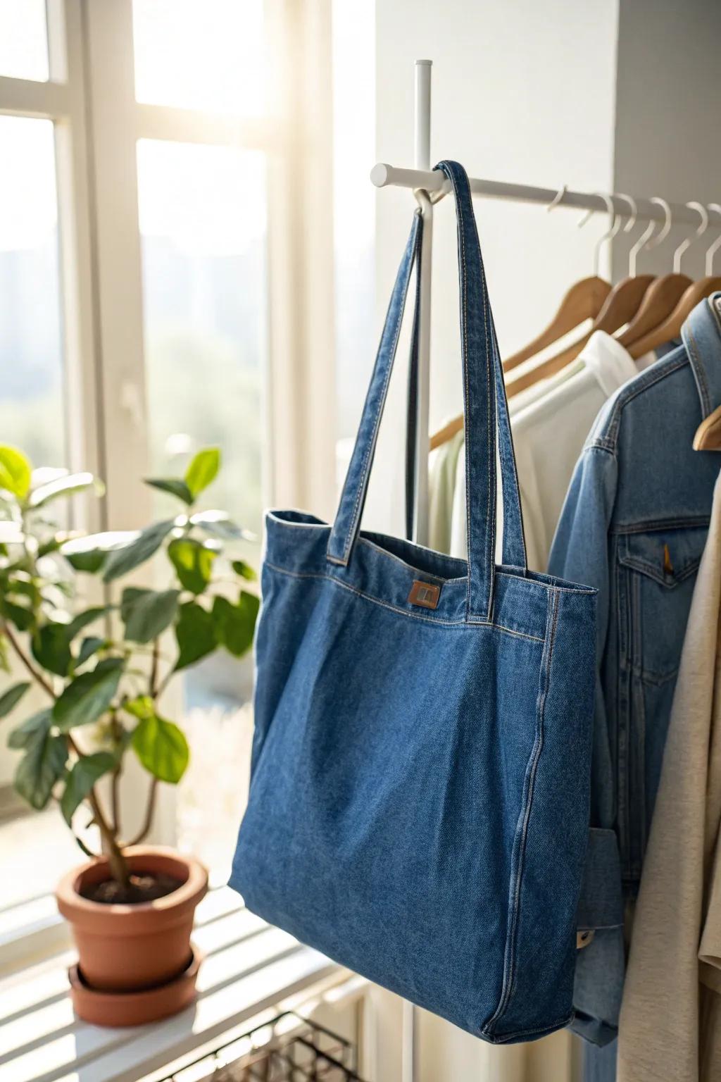 Carry your essentials in style with a handmade denim tote.